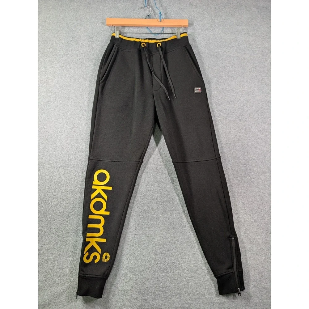 Akademiks Mens S Black Jogger Sweatpants Yellow Logo Zip Ankle Y2K Streetwear